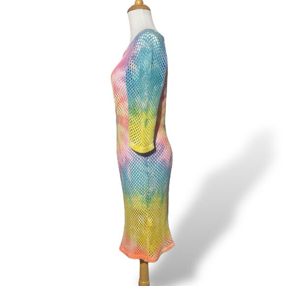 UNIF Beach Wear Women Dress Size L Cotton Multicolor Tie Dye Sheer Knit Mesh EUC - Picture 2 of 7
